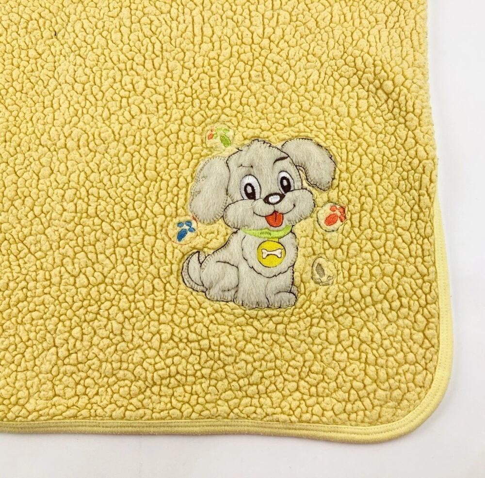 Vintage Yellow Baby Blanket Dog Sherpa Lovey Bones Tan Blonde Green Collar Tongu